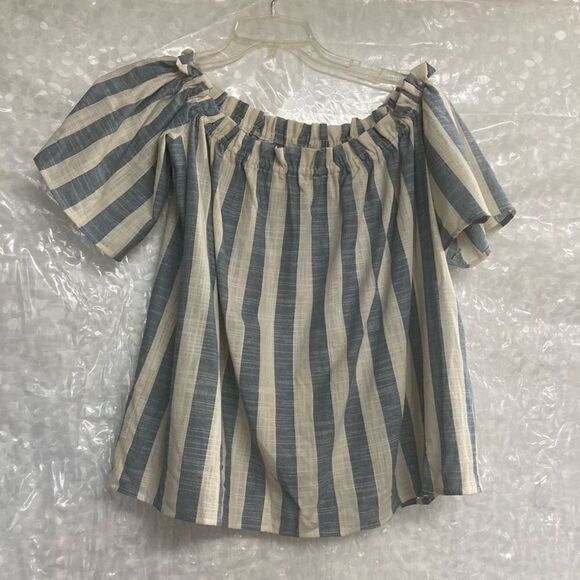 LOVE IN Women’s Off/On Shoulder Top Blue & White Striped Size Small Oversized - Picture 10 of 11